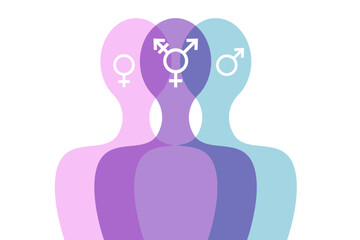 Third gender and sex concept, man and woman. World sexual health day. Concept of gender, health and development. Symbol of transgender, vector silhouette isolated on white background  - obrazy, fototapety, plakaty