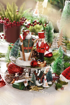 Vintage style Christmas figurines and decors on tiered tray