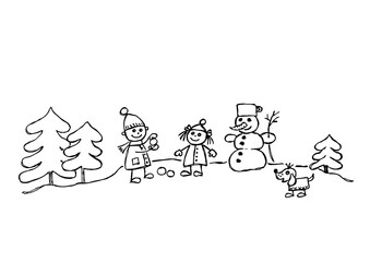 Children, dog and snowman in winter landscape, hand drawn illustration