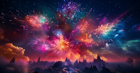 fireworks in space - obrazy, fototapety, plakaty