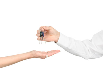 A man gives the keys to a girl isolated on white studio background, the real estate mockup concept.