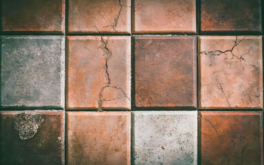Old ceramic tile wall background, vintage color tone style, selective focus.