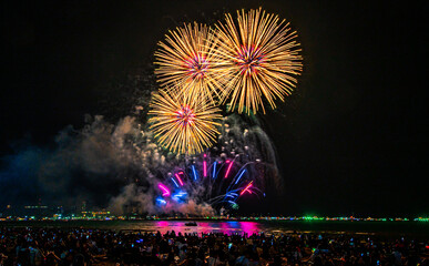 Colorful fireworks display at the 2023 International Fireworks Festival at Pattaya Beach, Thailand.