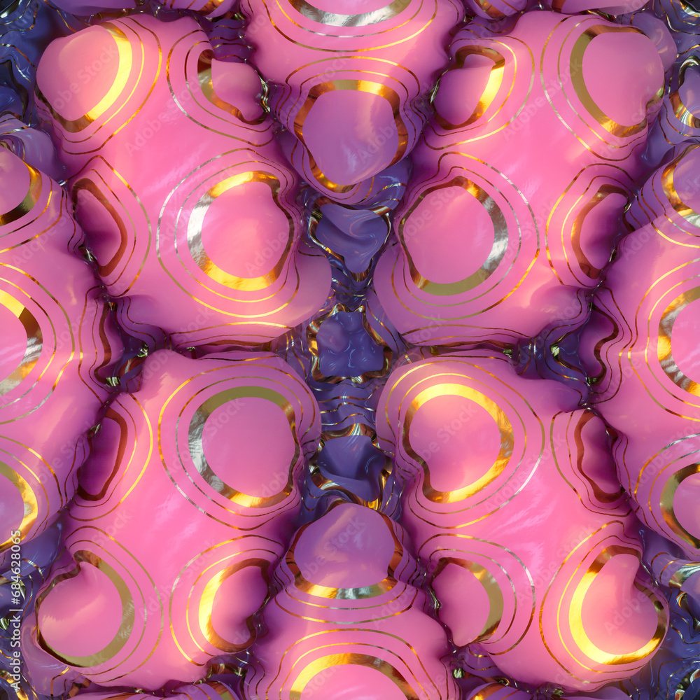 Poster Colorful abstract design with a pattern of golden circles in shades of pink and purple. 3d rendering illustration