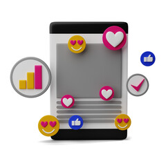 3D Social Media Engagement, Marketing and Analytics Concept with Emojis and Icons on Transparent Bаckground