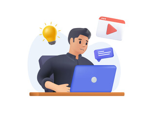 Online education 3D design concept, training and courses, learning, video tutorials. Vector illustration for website banner, marketing material, presentation template, online advertising. 3D vector