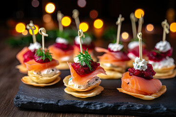 canape with salmon and cheese, Christmas canapes with blinis with salmon, beetroot and goat cheese and filo pastry cups - obrazy, fototapety, plakaty