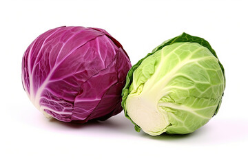 Cabbage set. Red cabbage and white cabbage, isolated on white background. Healthy organic food, fresh green vegetables