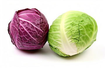 Fototapeta premium Cabbage set. Red cabbage and white cabbage, isolated on white background. Healthy organic food, fresh green vegetables