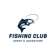 Fishing club Logo design with creative angler and jumping fish.