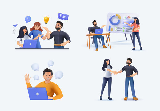 Collection of scenes at office, 3D illustrations set. Bundle of men and women taking part in business meeting, negotiation, brainstorming, talking to each other. Colorful vector illustration in 3D