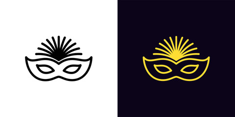 Outline carnival mask icon, with editable stroke. Carnival mask sign with feathers. Festival costume and face decoration. Facial mask for Brazil carnival, Mardi Gras, Venice masquerade. Vector icon