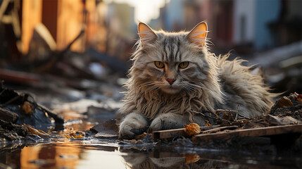  domestic cat after the disaster against the backdrop of the wreckage of the house. fictional scene.homeless cat