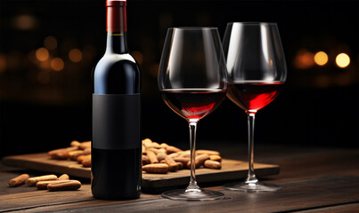 Vintage bottle of red wine with blank matte black label on wooden table, concrete wall background. Expensive bottle of cabernet sauvignon concept. Copy space,close up. - obrazy, fototapety, plakaty