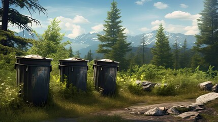 Three trash cans with nature in the background