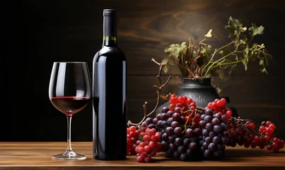 Fotobehang Vintage bottle of red wine with blank matte black label on wooden table, concrete wall background. Expensive bottle of cabernet sauvignon concept. Copy space,close up. © annebel146