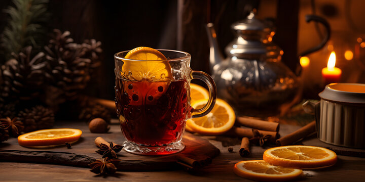 A quiet winter moment Mulled wine, cinnamon stick and orange slice