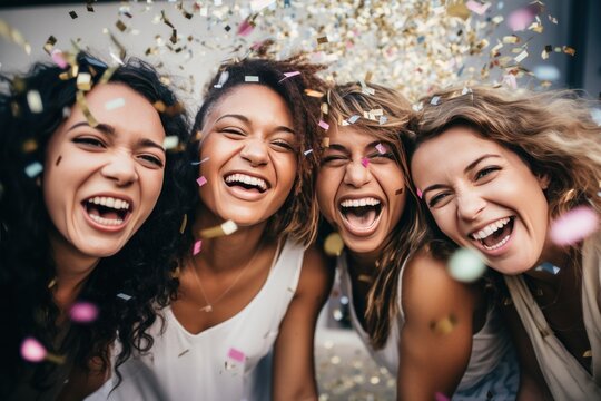 free image of group of women having fun with confetti,