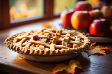 Freshly baked apple pie on a wooden table with a backdrop of fall foliage and seasonal apples.