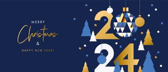 Merry Christmas and Happy New Year banner, greeting card, poster, holiday cover, header. Modern Xmas design in geometric style with triangle pattern, Christmas tree, ball, snow and 2024 number on blue