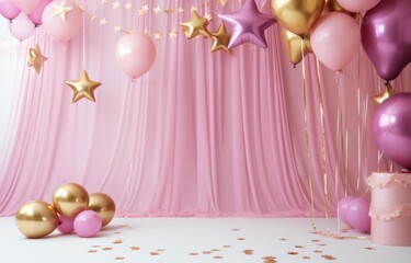 pink and gold balloons, straw straws and hearts