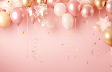pink and gold balloons, straw straws and hearts