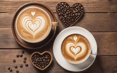 Heart shaped coffee beans and cup of latte on wooden table