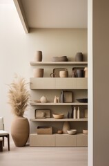 the wall is covered with shelves with planters and tall ceiling,