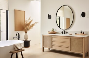 the white cabinet is next to a wooden frame and a large mirror.