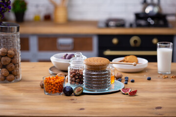Ingredients for healthy breakfast background kitchen