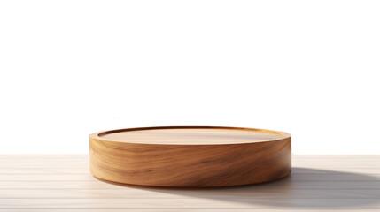For a product overlay, a realistic 3D render background is used. Close-up of a round teak wood table that is empty, with sunshine and a white wall in the background.  - obrazy, fototapety, plakaty