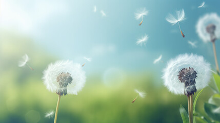 Dandelion plant blowing in wind Spring and summer background