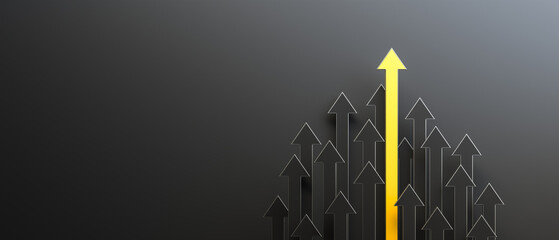 Leadership and growth concept, yellow leader arrow leading black arrows, on black background with empty copy space on left side. 3D Rendering