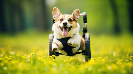 Cute dog with disabilities in wheelchair having fun during a walk in city park, lives in wheelchair, eyes filled with anticipation, Concept of adopting a pet from a shelter