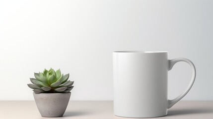 White mockup cup on table with business concept, succulent, and notepads in minimalist setting. Template, advertisement layout, and logo with copy space. Cup against a pale gray background