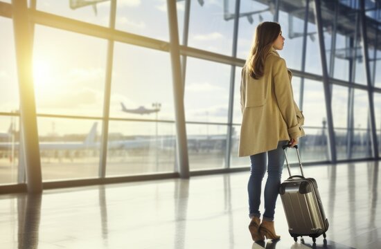 young woman walking with luggage in an airport