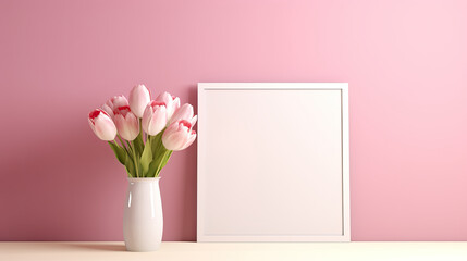 a blank white frame with a flower vase on a pink wall. front view blank mockup of photo frame and vase.