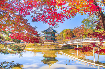 Hyangwonjeong Pavilion, the water pavilion in autumn at Gyeongbokgung Palace, Seoul, South Korea