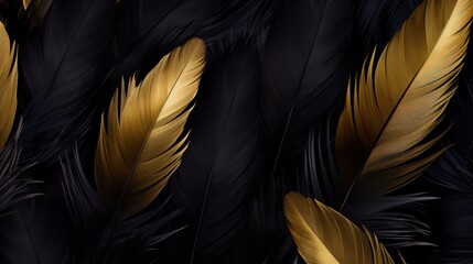 Closeup gold and black feathers isolated background