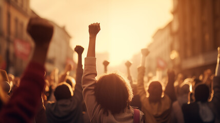 Raised fists of a women for international women day and the feminist movement - obrazy, fototapety, plakaty