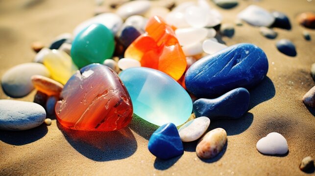 Closeup Polished tumbled gemstones on a beach. AI generated image