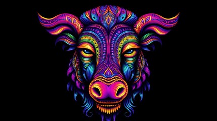 Fototapeta premium colorful psychedelic neon mandala rainbow cow black background.Generative AI