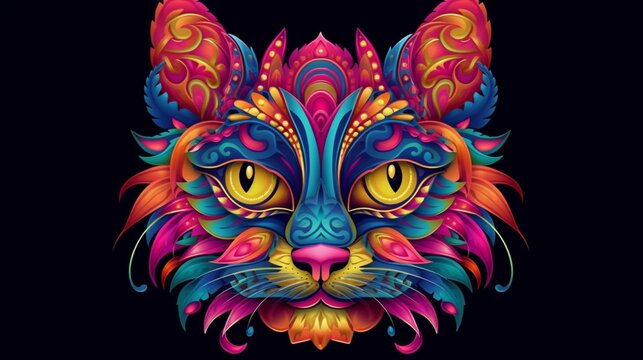 Colorful abstract cat head. In style of flat illustration.Generative AI