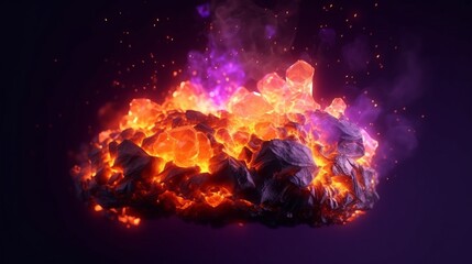 Fototapeta na wymiar fire rock floating orange and purple lights no background.Generative ai
