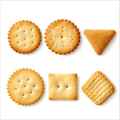  Set of crackers cookies of different shapes close-up on a white background. Top view