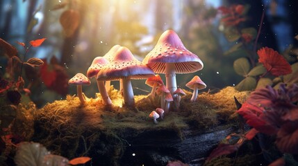 Fantasy Butter flies Mushrooms image.Generative AI - obrazy, fototapety, plakaty