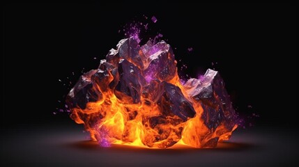 fire rock floating orange and purple lights no background.Generative ai