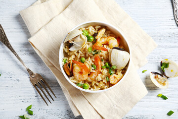 Nourishing rice with shrimp and mussels food top view
