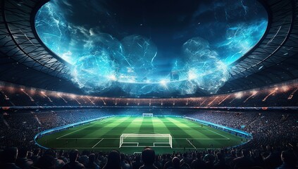 A soccer stadium bustling with crowds of fans and a massive effect of electric discharges on the...