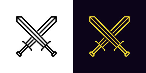 Outline sword battle icon, with editable stroke. Crossed swords sign, gaming battle arena. Royal sword fight, gladiator battle, steel weapon, game medieval civilization with warrior clash. Vector icon